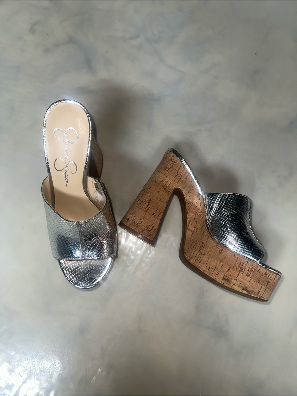 Jessica Simpson Silver Metallic Cork Platform Mules